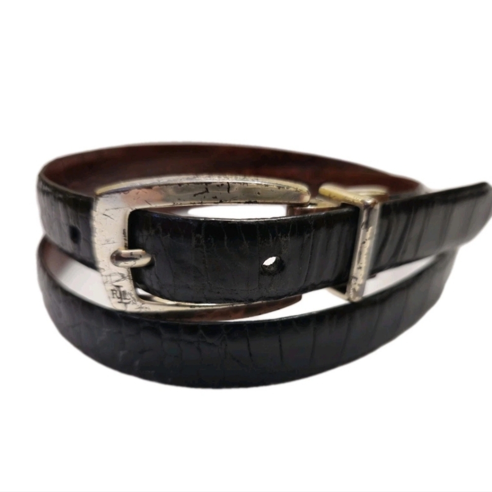 RALPH LAUREN Skinny Reversible Brown or Black Croc Embossed Leather Belt Sz S - Picture 2 of 8